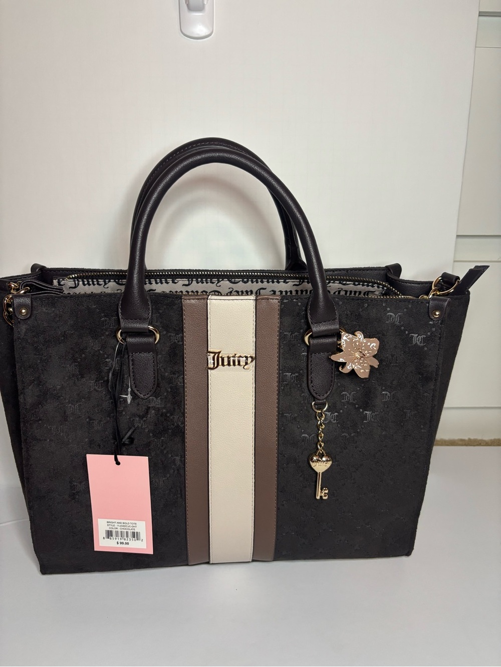 Juicy Couture Black Tote with Brown and Cream Center Stripe